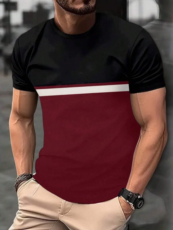 Camiseta Casual Para Hombre De Cuello Redondo Y Bloques De Color