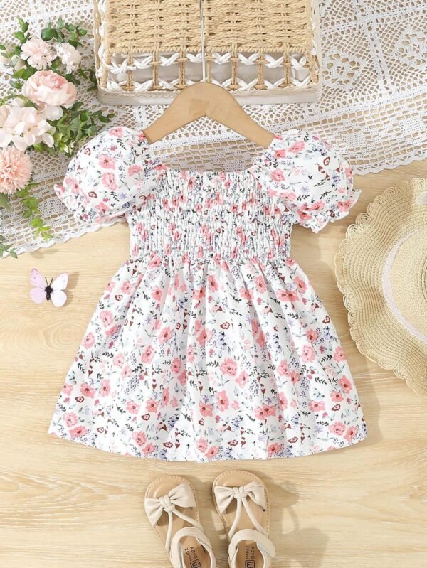 Vestido elegante para niña bebé con estampado floral y dobladillo - Imagen 3