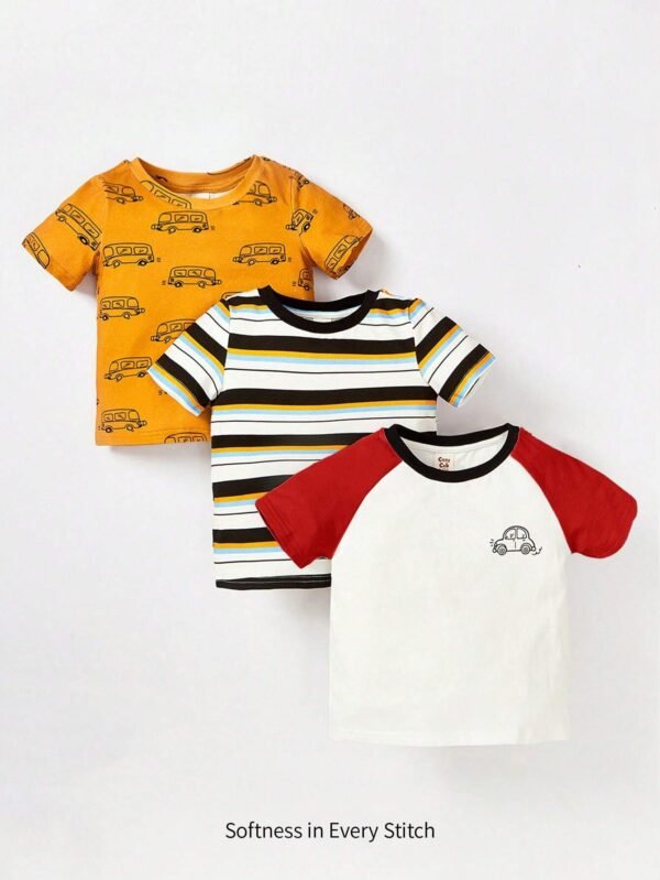 Camisetas Para Bebé Con Diseño De Rayas Y Carros Impresos