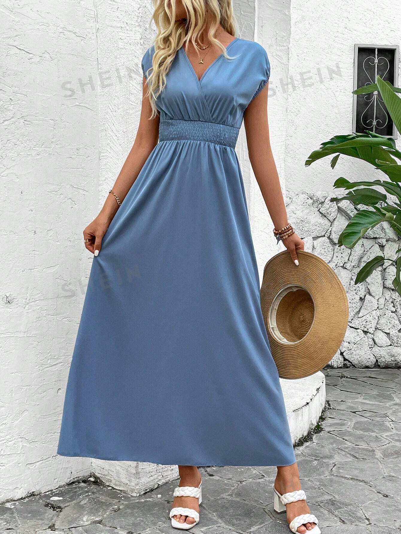 Vestido largo sólido de color con manga murciélago con cintura ajustada - Imagen 2