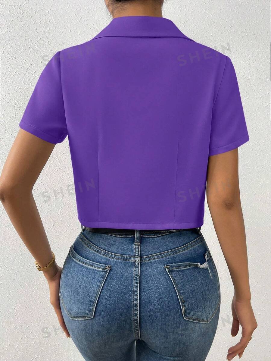 Chaquetilla Corta De Blazer De Manga Corta De Solido Color Con Cuello De Solapa - Imagen 2