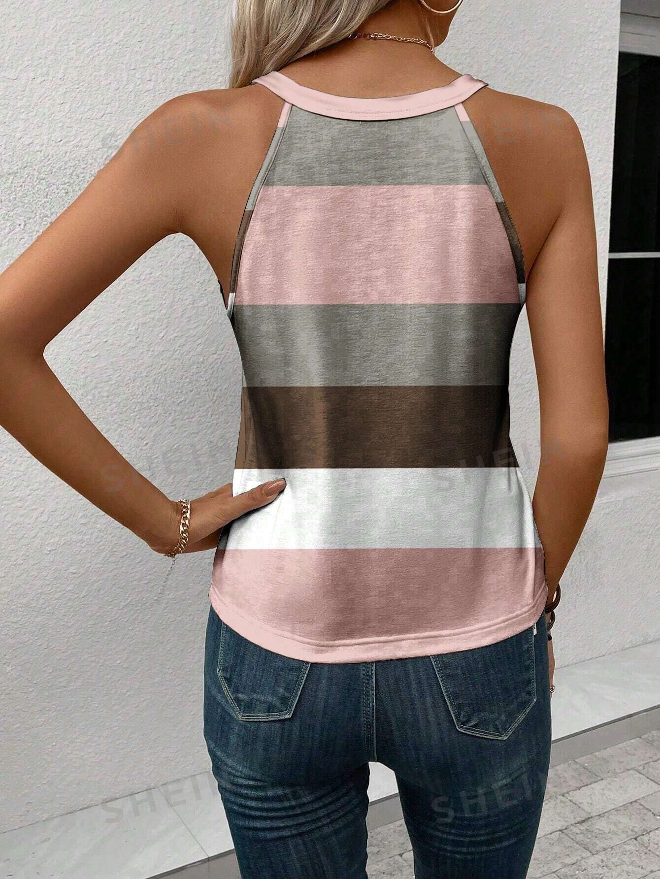 Top casual sin mangas con cuello redonda y bloques de color de rayas - Imagen 2