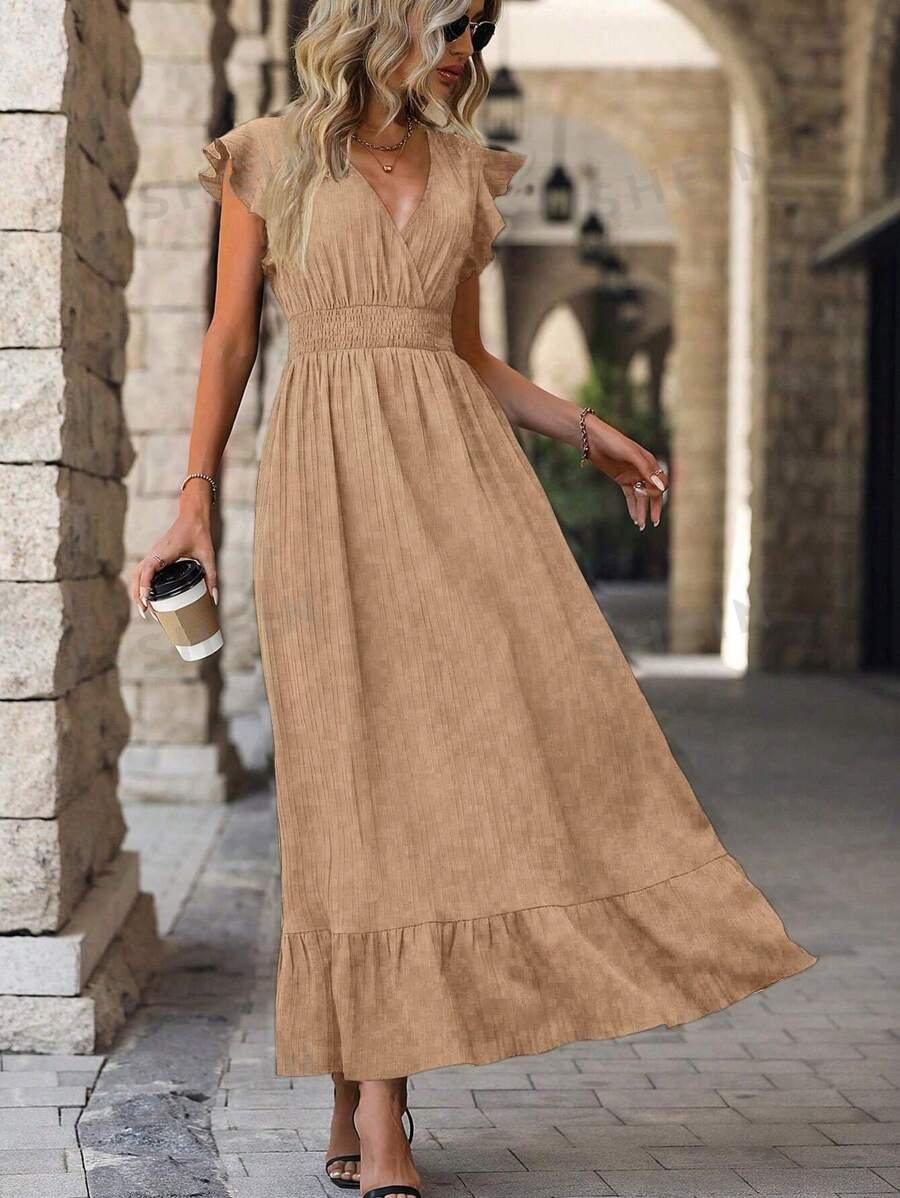 Vestido de verano con diseño cruzado drapeado, dobladillo fruncido con volantes - Imagen 3