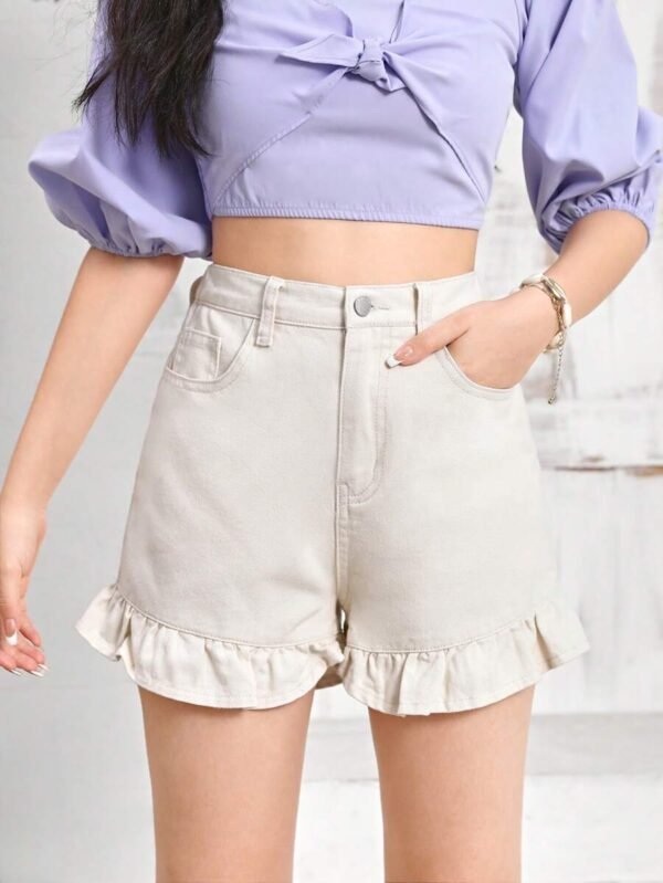 Shorts de mezclilla con ribete de volantes color albaricoque - Imagen 3