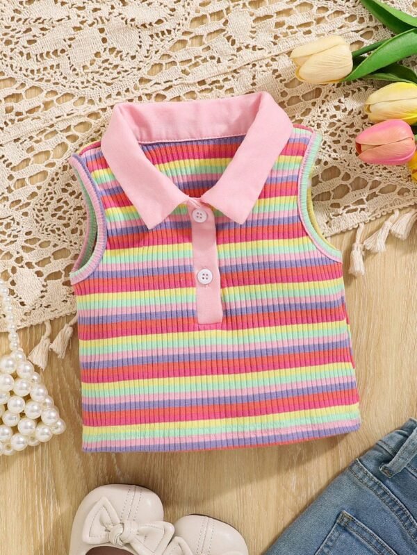 Top sin mangas con cuello tipo polo de rayas coloridas para bebé