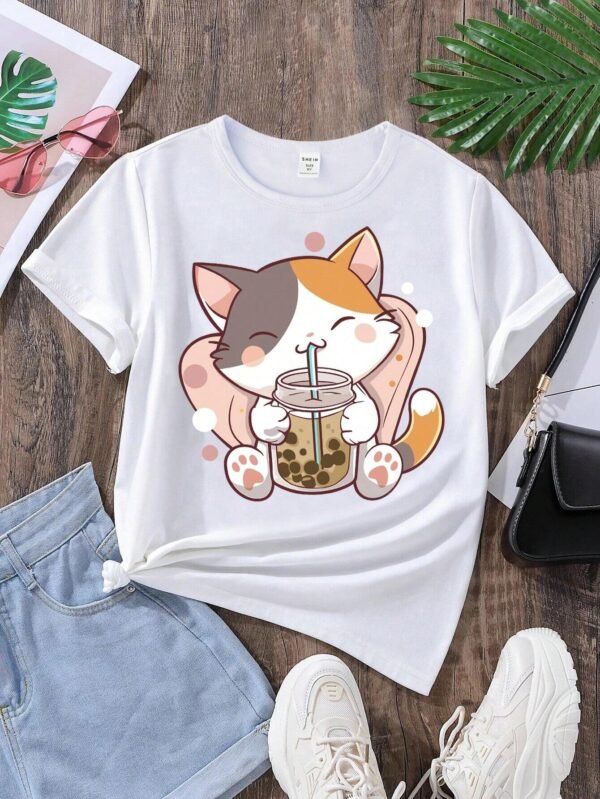 Camiseta para chica adolescente con lindo estampado de gato y bebidas