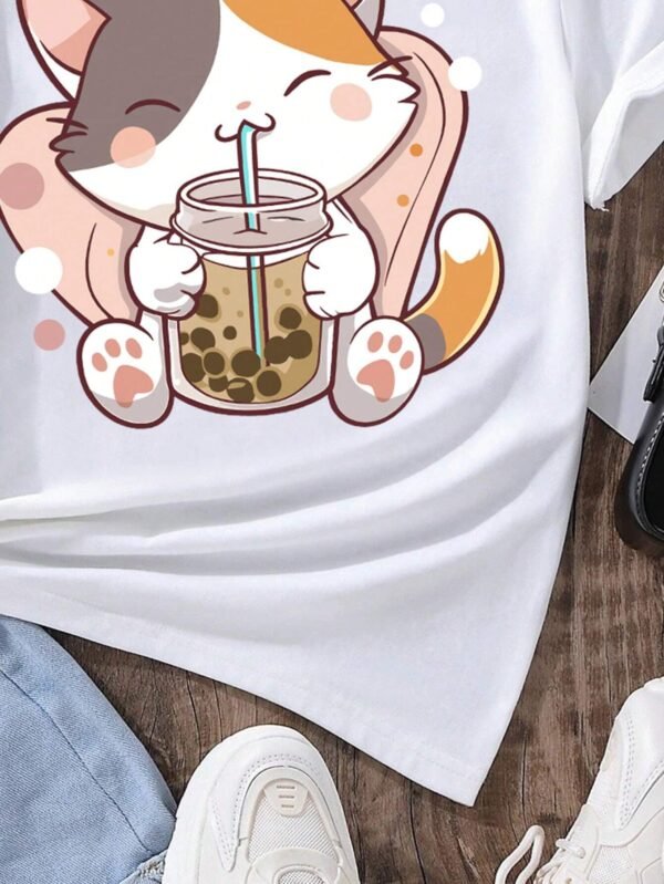 Camiseta para chica adolescente con lindo estampado de gato y bebidas - Imagen 2