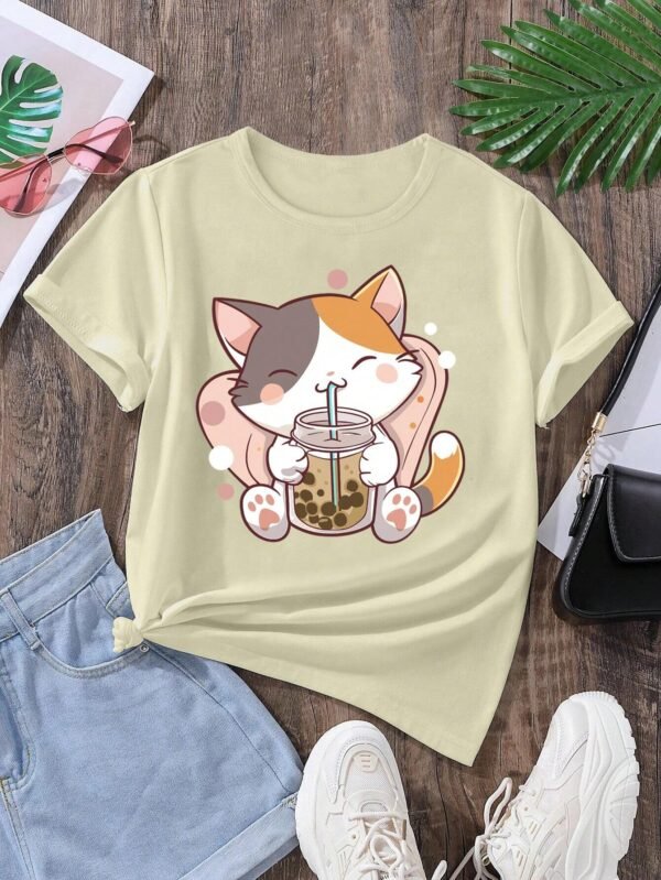 Camiseta para chica adolescente con lindo estampado de gato y bebida