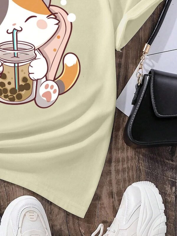 Camiseta para chica adolescente con lindo estampado de gato y bebida - Imagen 2