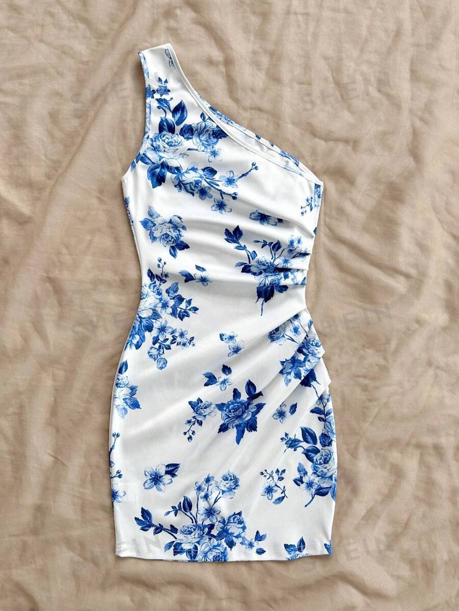 Vestido de mujer asimétrico con hombros descubiertos en azul y blanco - Imagen 2