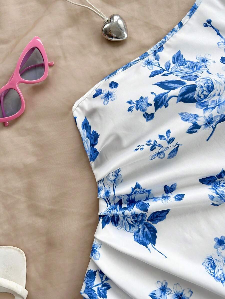 Vestido de mujer asimétrico con hombros descubiertos en azul y blanco - Imagen 3