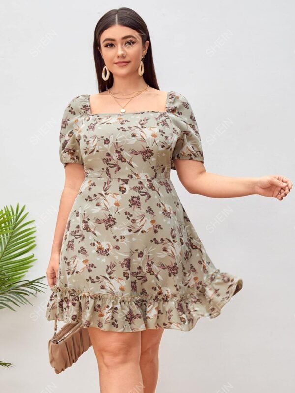 Vestido con estampado floral de cuello cuadrado de manga farol bajo con fruncido