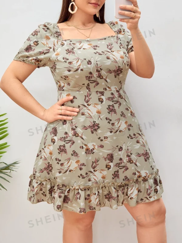Vestido con estampado floral de cuello cuadrado de manga farol bajo con fruncido - Imagen 3