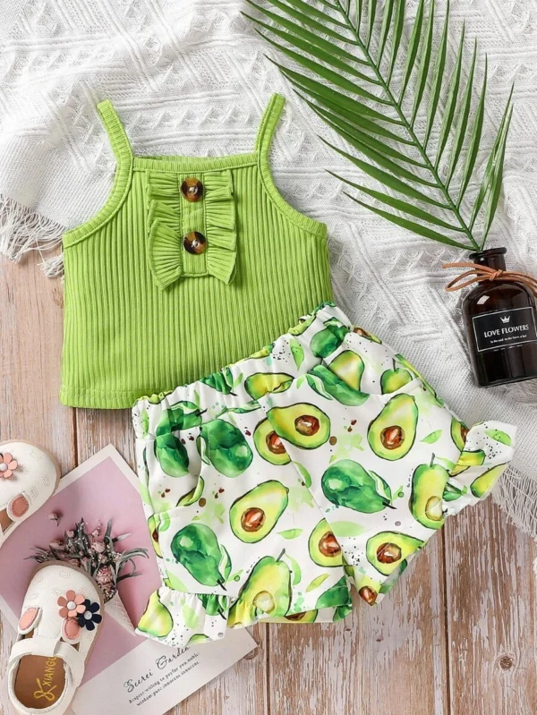 Top De Tirantes Con Ribete De Volantes Para Niña Y Pantalones Cortos Con Estampado De Frutas