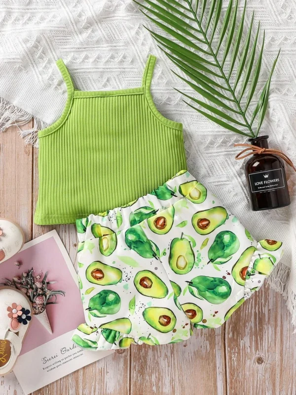 Top De Tirantes Con Ribete De Volantes Para Niña Y Pantalones Cortos Con Estampado De Frutas - Imagen 2