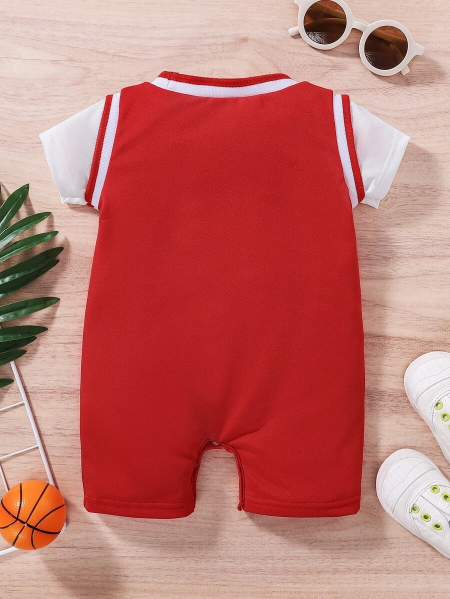 Bebé niño Mono con estampado de letra de color combinado ribete de rayas - Imagen 2