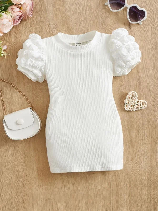 Vestido De Punto Acanalado Con Mangas Abombadas Para Bebé Niña