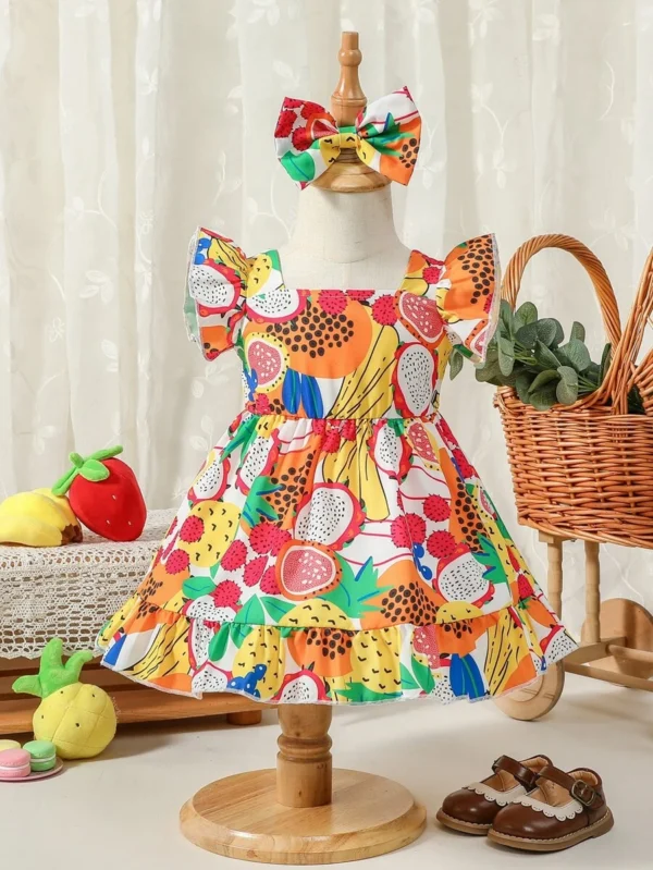 Vestido De Bebé Con Diseño De Estampado De Frutas Y Adornos De Volantes