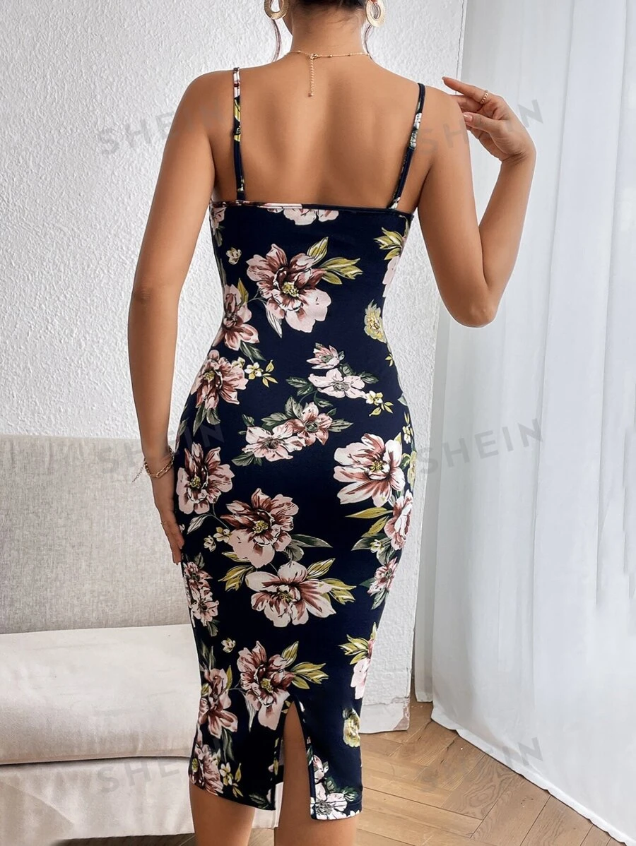 Vestido de tirantes con estampado floral bajo con abertura - Imagen 2