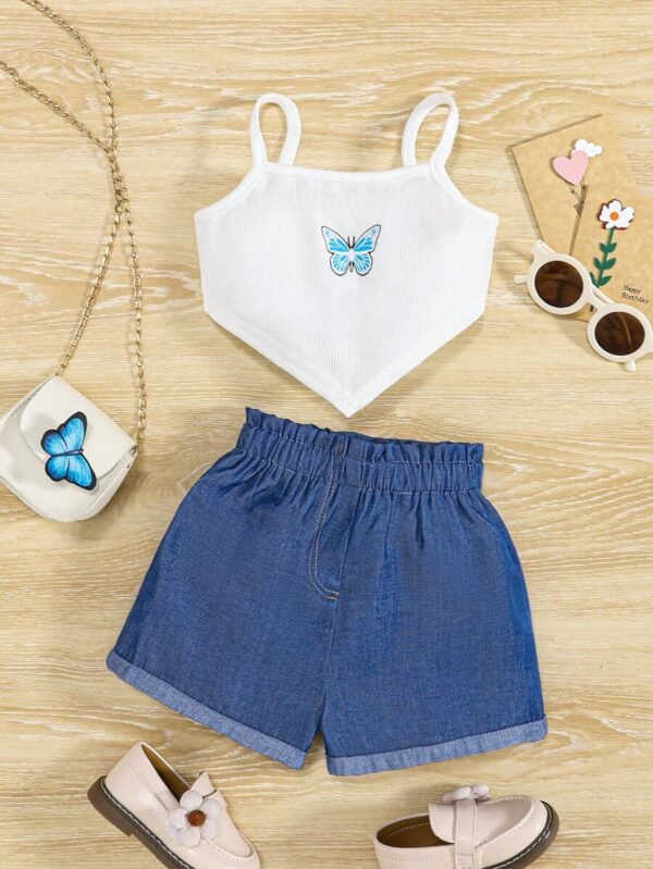 Bebé niña con estampado de mariposa bajo pañuelo Top de tirantes & de cintura con volante Shorts