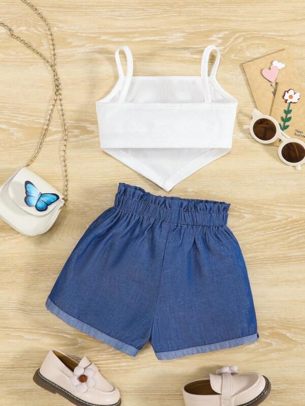 Bebé niña con estampado de mariposa bajo pañuelo Top de tirantes & de cintura con volante Shorts - Imagen 2