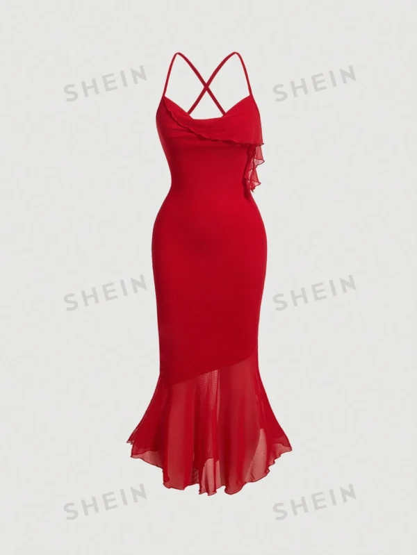 Vestido camisero de volantes rojo con vuelo de sirena fruncido