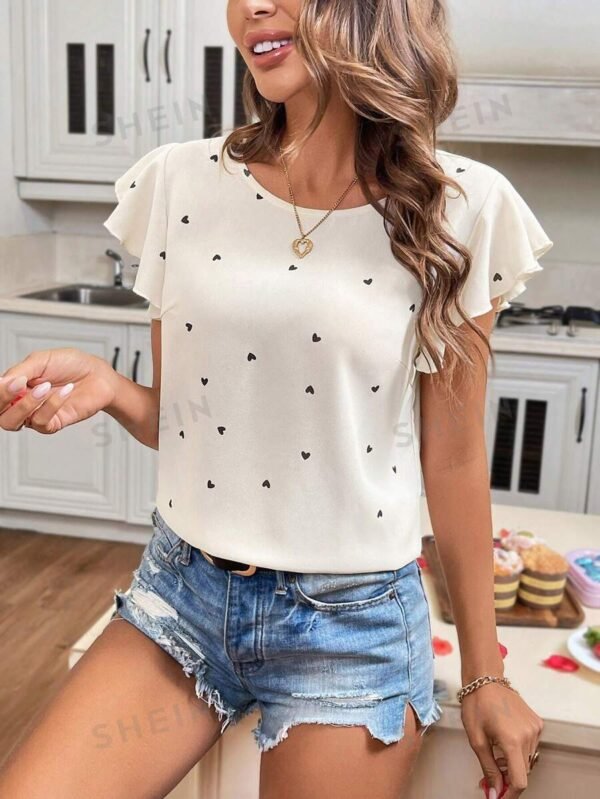 Blusa Para Mujer Con Manga De Volantes Impresa Con Patrón En Corazones Románticos
