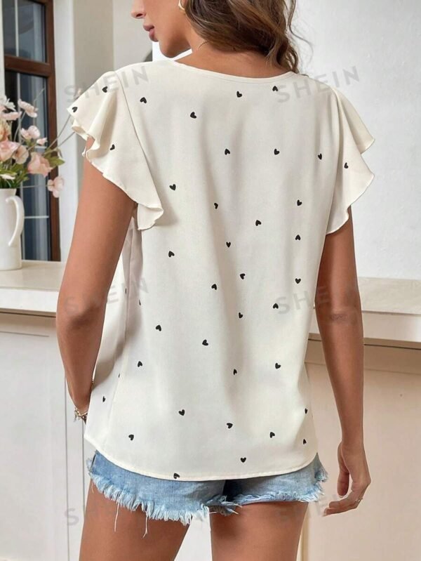 Blusa Para Mujer Con Manga De Volantes Impresa Con Patrón En Corazones Románticos - Imagen 2