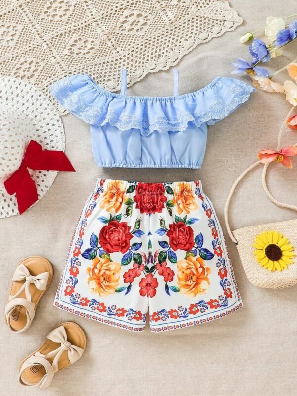 Conjunto De Top Y Pantalones Cortos Para Niñas De Bordado De Hombros Descubiertos