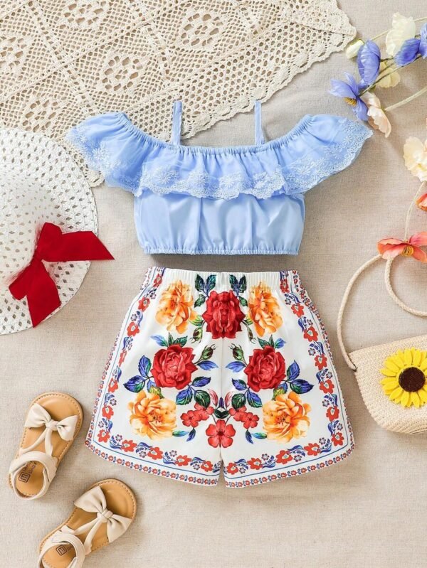 Conjunto De Top Y Pantalones Cortos Para Niñas De Bordado De Hombros Descubiertos - Imagen 2