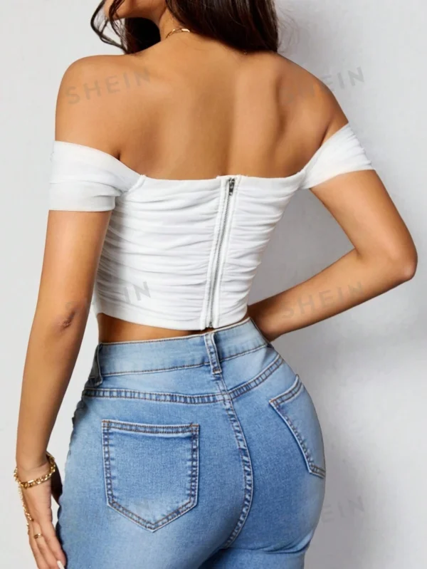 Top De Hombros Descubiertos Para Mujer De Color Sólido Con Cremallera Trasera - Imagen 2