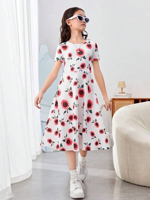 Vestido de niñas de punto con estampado floral, cuello redondo y cintura fruncida de manga corta