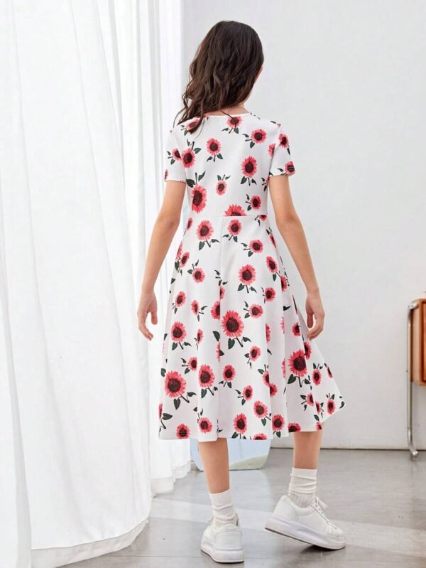 Vestido de niñas de punto con estampado floral, cuello redondo y cintura fruncida de manga corta - Imagen 2