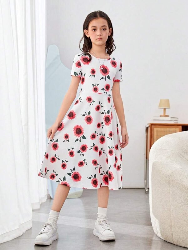 Vestido de niñas de punto con estampado floral, cuello redondo y cintura fruncida de manga corta - Imagen 3