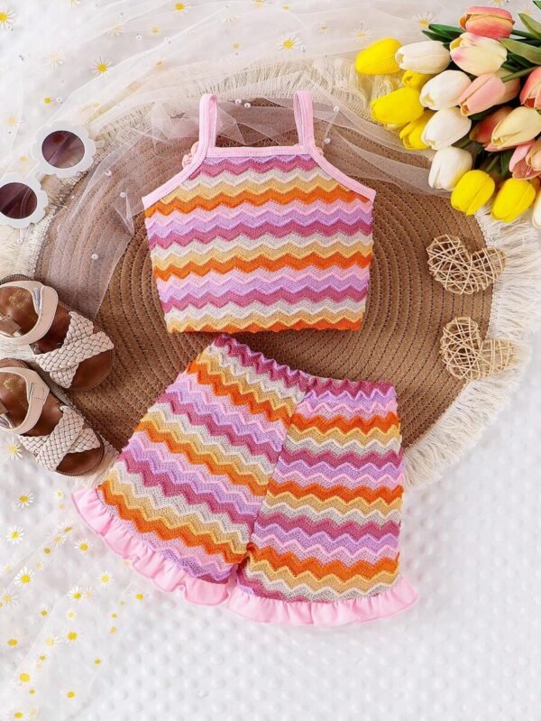 Conjunto de 2 piezas para niña bebé, lindo top de punto de tirantes con flores y pantalones cortos - Imagen 2