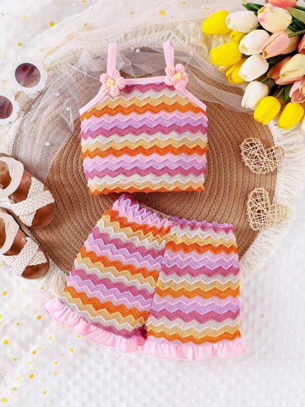 Conjunto de 2 piezas para niña bebé, lindo top de punto de tirantes con flores y pantalones cortos - Imagen 3