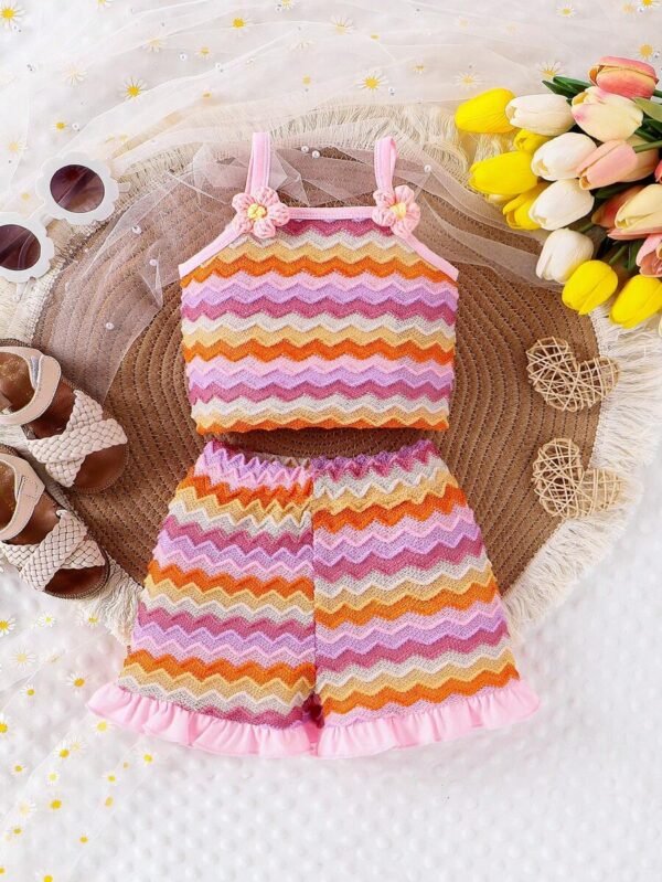 Conjunto de 2 piezas para niña bebé, lindo top de punto de tirantes con flores y pantalones cortos