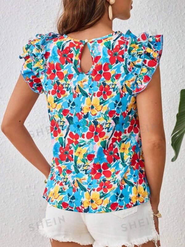 Camisa Corta De Manga Corta Para Mujer Con Cuello Redondo Con Estampado Floral - Imagen 2