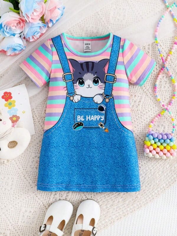 Vestido de manga corta de cuello redondo con rayas y diseño falso