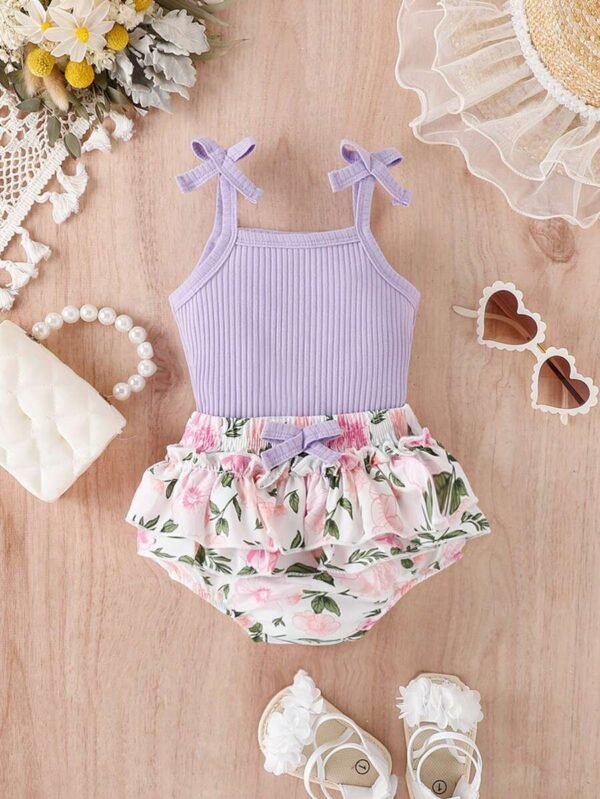 Conjunto de camiseta de tirantes con lazo para bebé niña y pantalones cortos con estampado floral