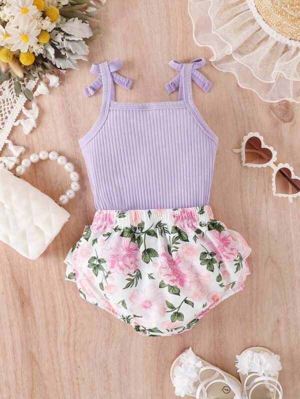 Conjunto de camiseta de tirantes con lazo para bebé niña y pantalones cortos con estampado floral - Imagen 2