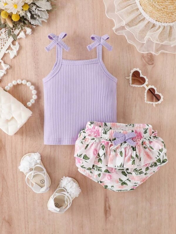 Conjunto de camiseta de tirantes con lazo para bebé niña y pantalones cortos con estampado floral - Imagen 3