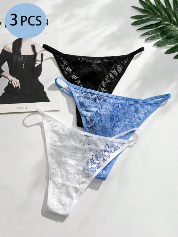 3 piezas Tanga sexy de encaje de talle bajo con estampado de flores - Imagen 2