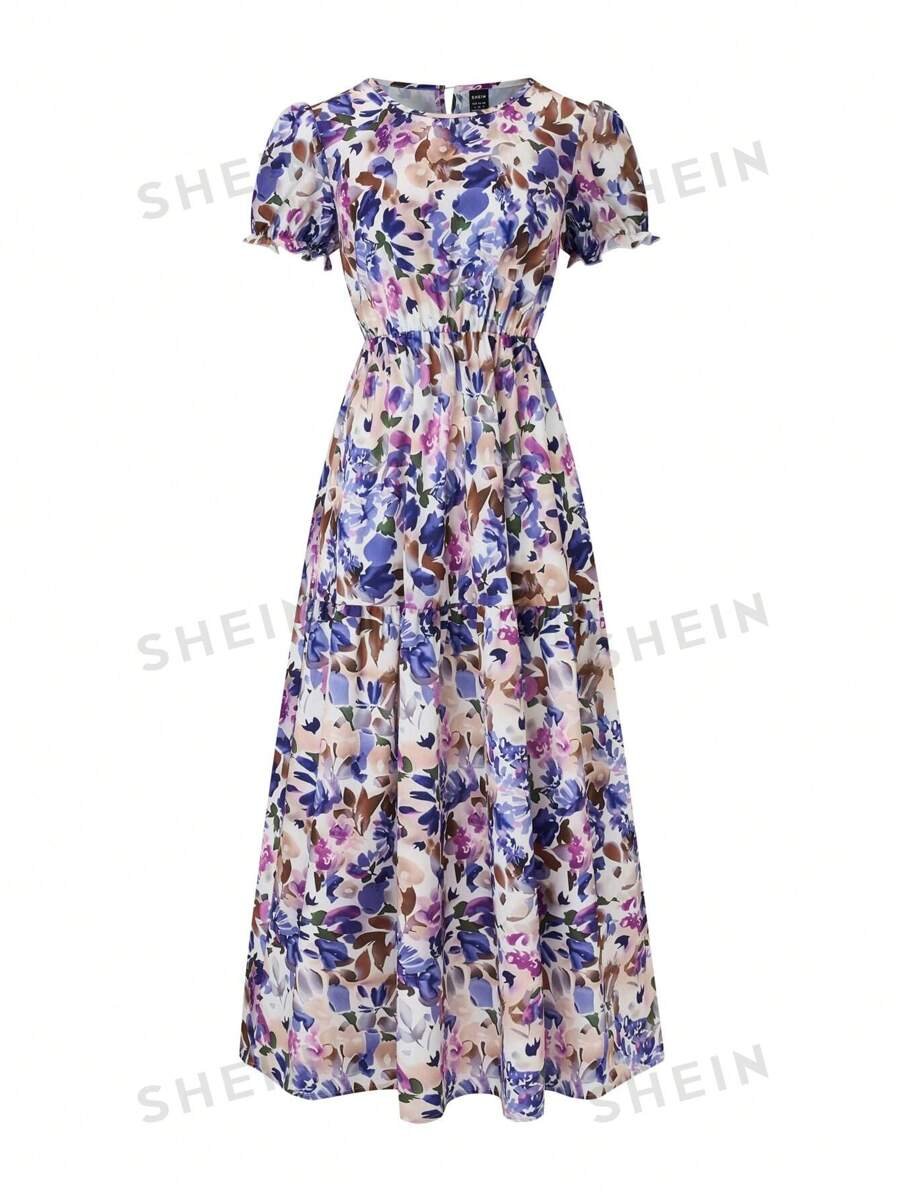 Vestido largo, elegante, con mangas abullonadas con diseño floral - Imagen 3