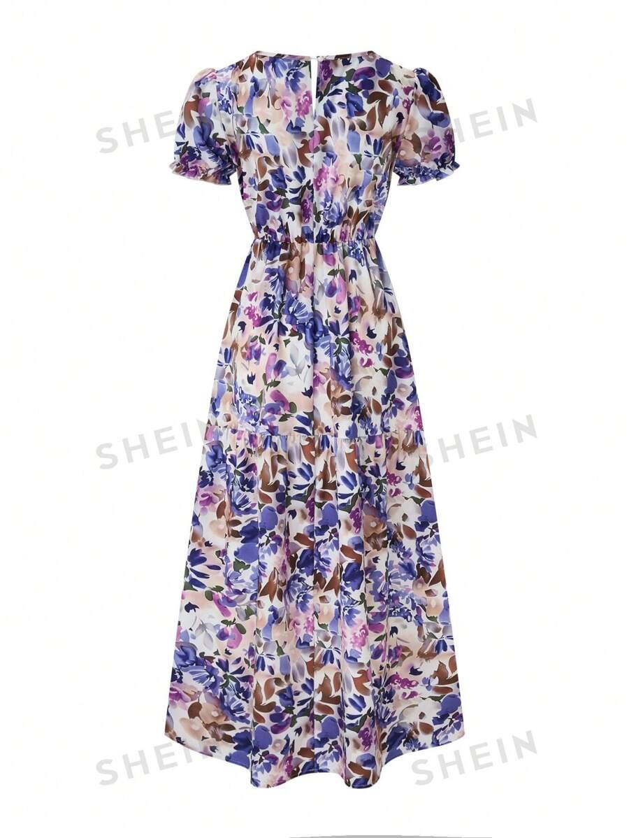 Vestido largo, elegante, con mangas abullonadas con diseño floral - Imagen 2