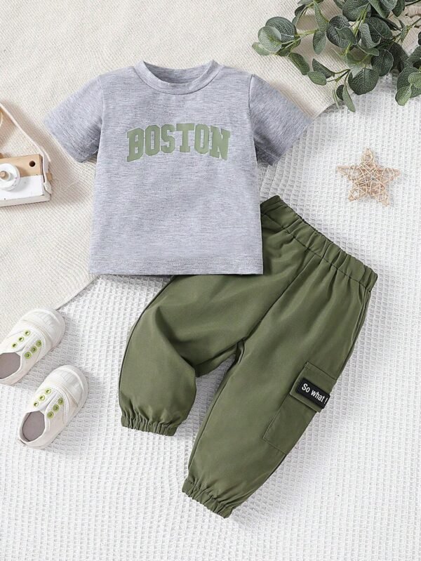 Conjunto De Pantalones De Color Liso Y Top Con Estampado De Letras Para Bebé Niño
