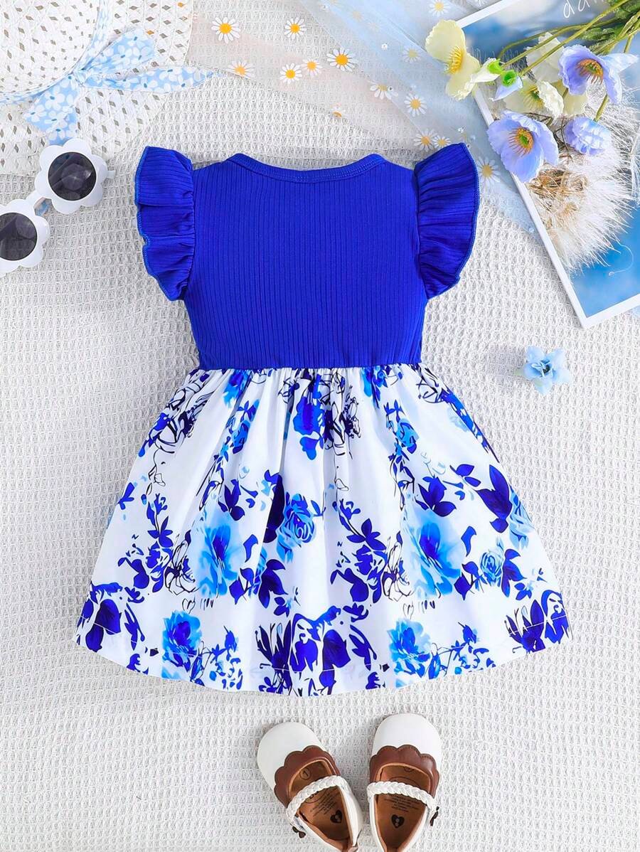 Vestido de verano para bebé niña con mangas de flutter, estampado floral y lazo decorativo - Imagen 2