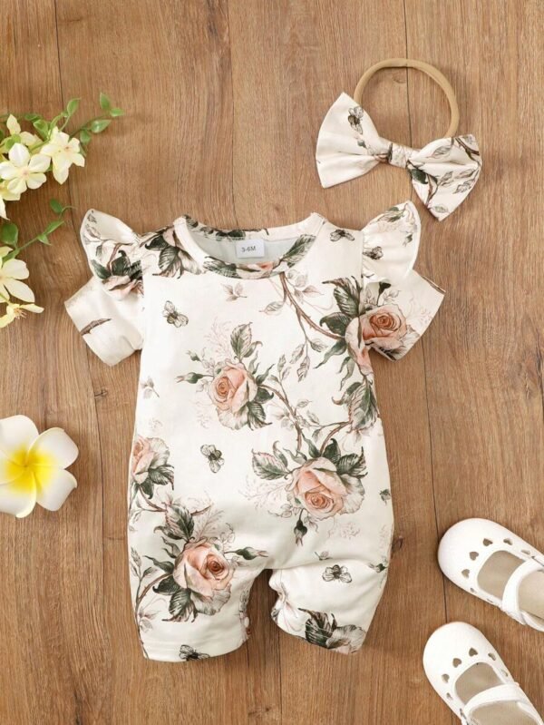 Conjunto de pelele con estampado total de manga corta retro lindo y diadema