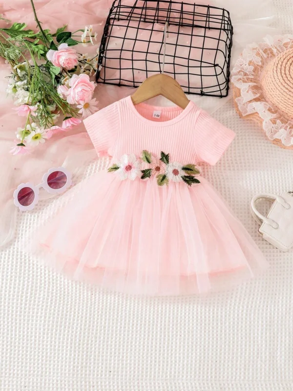 Vestido de malla de manga corta para bebé niña con decoración de encaje para verano