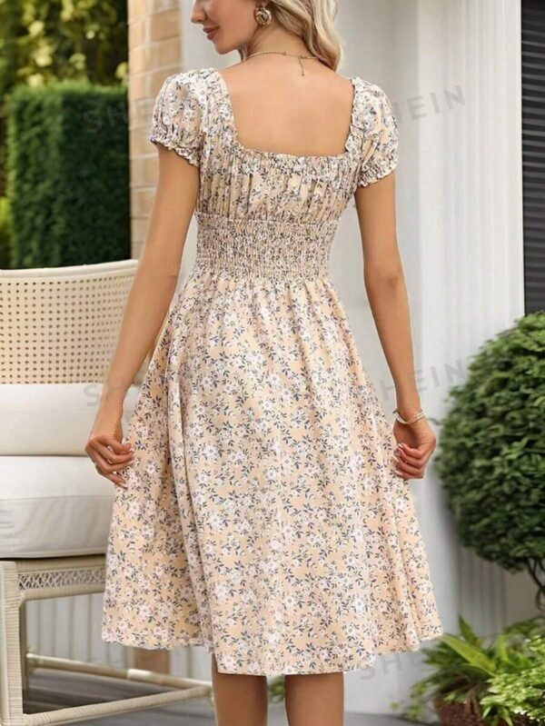 Vestido de mujer con estampado floral discreto, cuello en V y cintura ajustable - Imagen 2